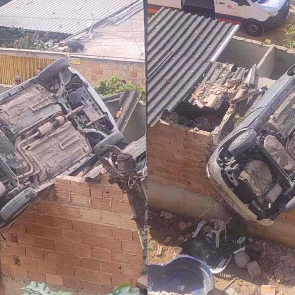 Carro cai em cima de casa em bh e deixa motorista presa às ferragens