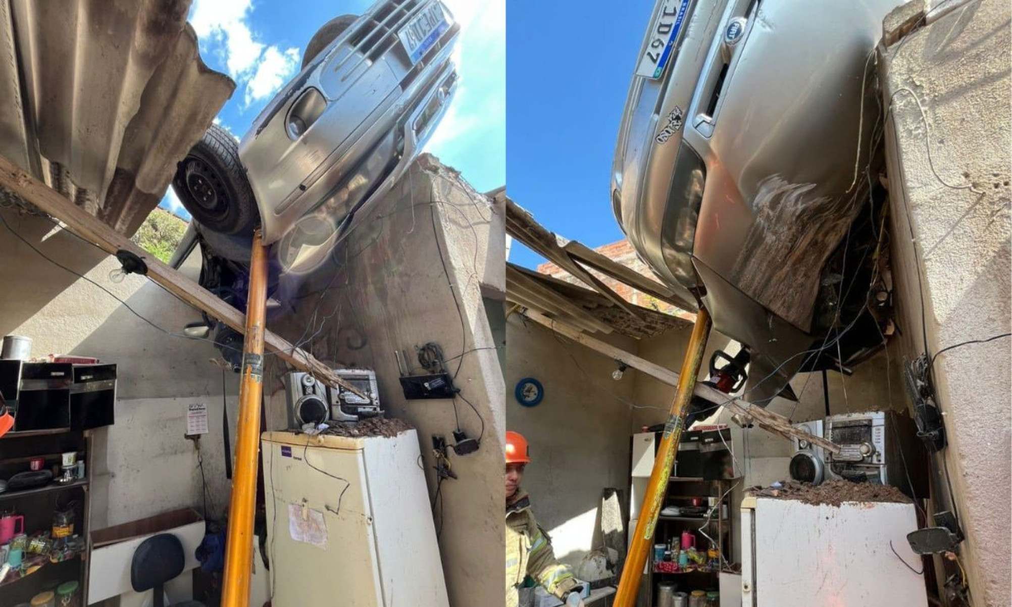Um carro caiu em cima de uma casa na manhã deste domingo (1/6) na Região Norte de BH Um carro caiu em cima de uma casa na manhã deste domingo (1/6) na Região Norte de BH