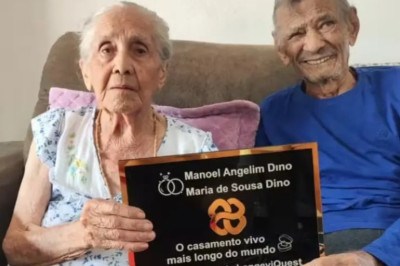 A instituição americana LongeviQuest reconheceu e entregou um diploma a um casal brasileiro como o mais longevo do mundo, com impressionantes 84 anos de união. Manoel Angelim Dino, de 105 anos, e Maria de Sousa Dino, de 102, vivem em Boa Viagem, no Ceará, e também estão no Livro Guinness dos Recordes.  -  (crédito: Divulgação LongeviQuest )