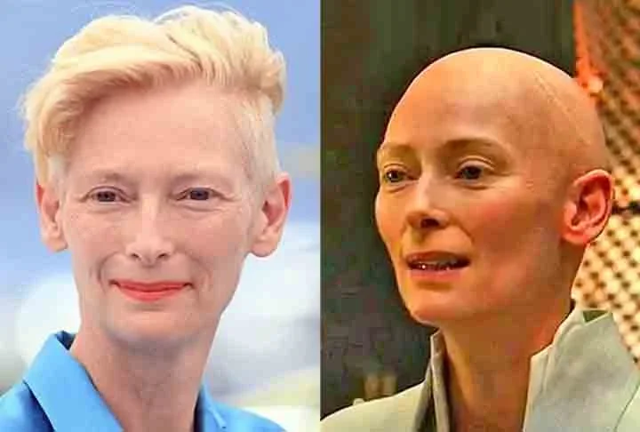 Tilda Swinton-  A atriz Interpretou a Anciã no filme "Doutor Estranho"(2016). Era uma mentora mística no universo Marvel. A atriz guardou a transformação para o filme a sete chaves: "Seria divertido se não soubessem de nada" disse.