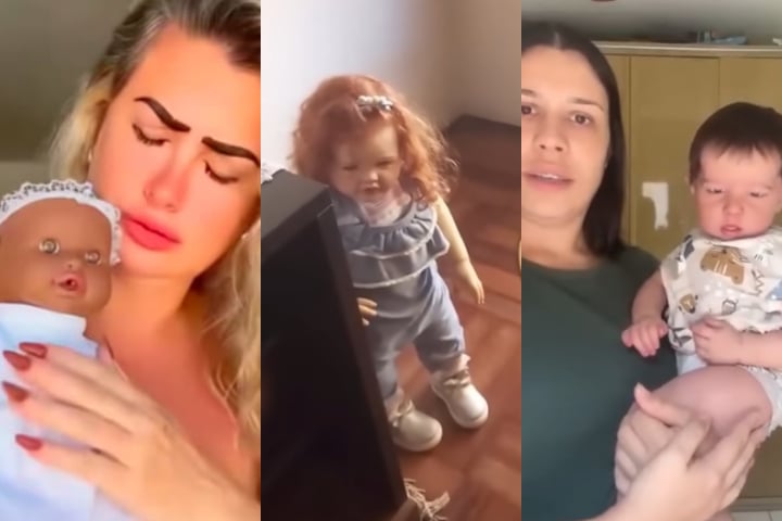 Em alguns vídeos que circulam pelas redes sociais, é possível ver mulheres eando com os bonecos em lugares públicos, simulando brincadeiras, colocando de castigo e até "amamentando"!