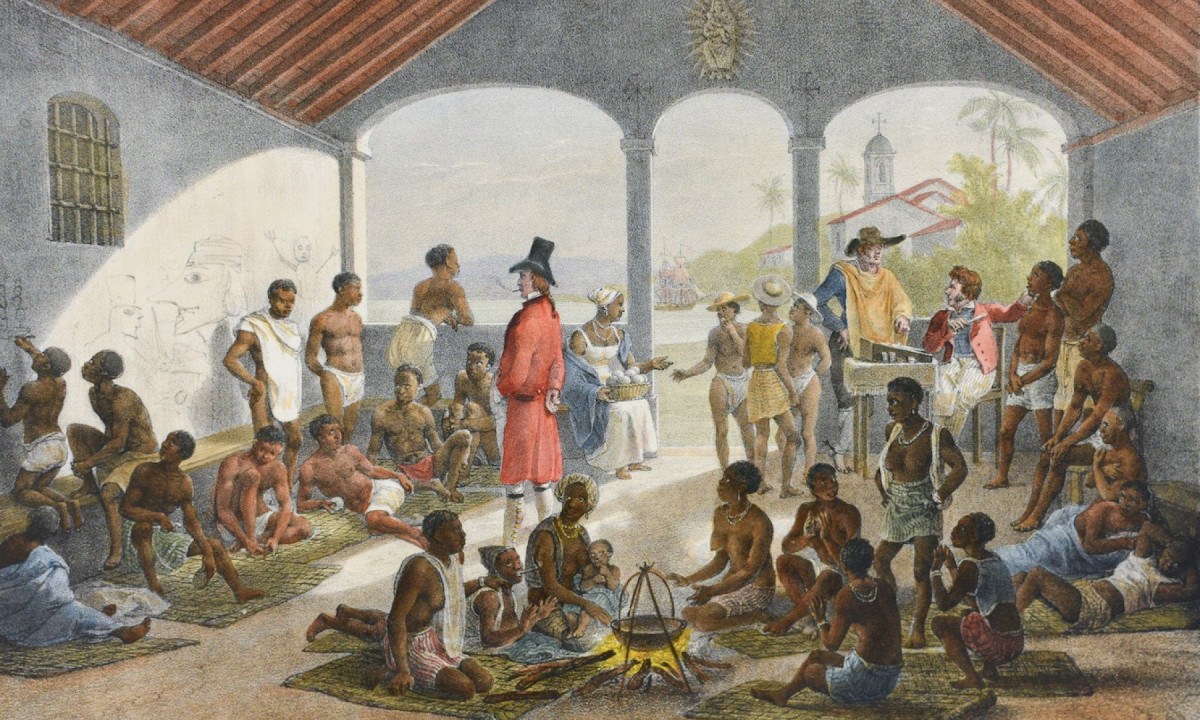 Mercado de escravos no Brasil, pintura de Jean-Baptiste Debret a partir de uma gravura original do século XIX de Johann Moritz Rugendas -  (crédito: Jean Debret/Reprodução)