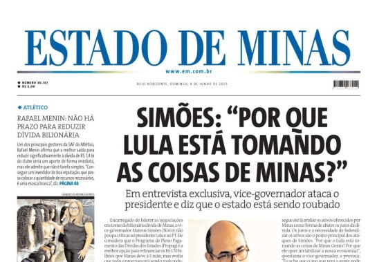 CONFIRA A CAPA DO ESTADO DE MINAS DO DIA 08/06/2025