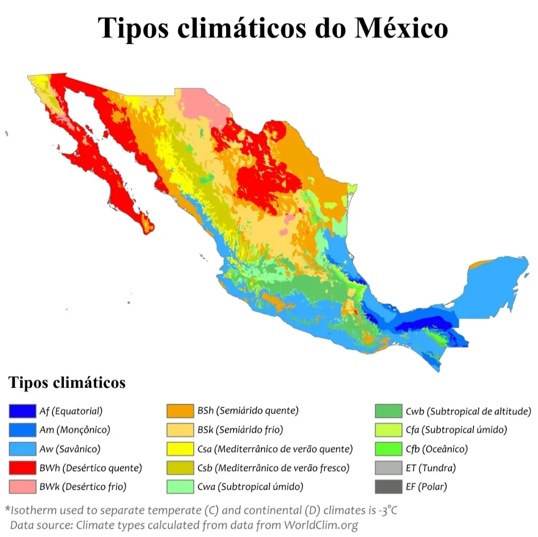 O Trópico de Câncer divide o país em zonas temperadas e tropicais.  Isto dá ao México um dos sistemas climáticos mais diversos do mundo