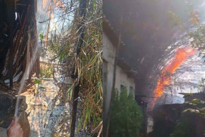 Moradores tentaram combater o fogo com mangueiras de jardim até a chegada dos militares -  (crédito: Divulgação/Corpo de Bombeiros)