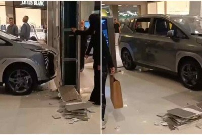 Imagens nas redes sociais mostram que a batida danificou a fachada de um estabelecimento -  (crédito: Redes sociais/Reprodução)