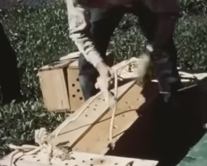 As caixas eram unidas e amarradas com uma corda para garantir que não se quebrassem durante o transporte e a descida.