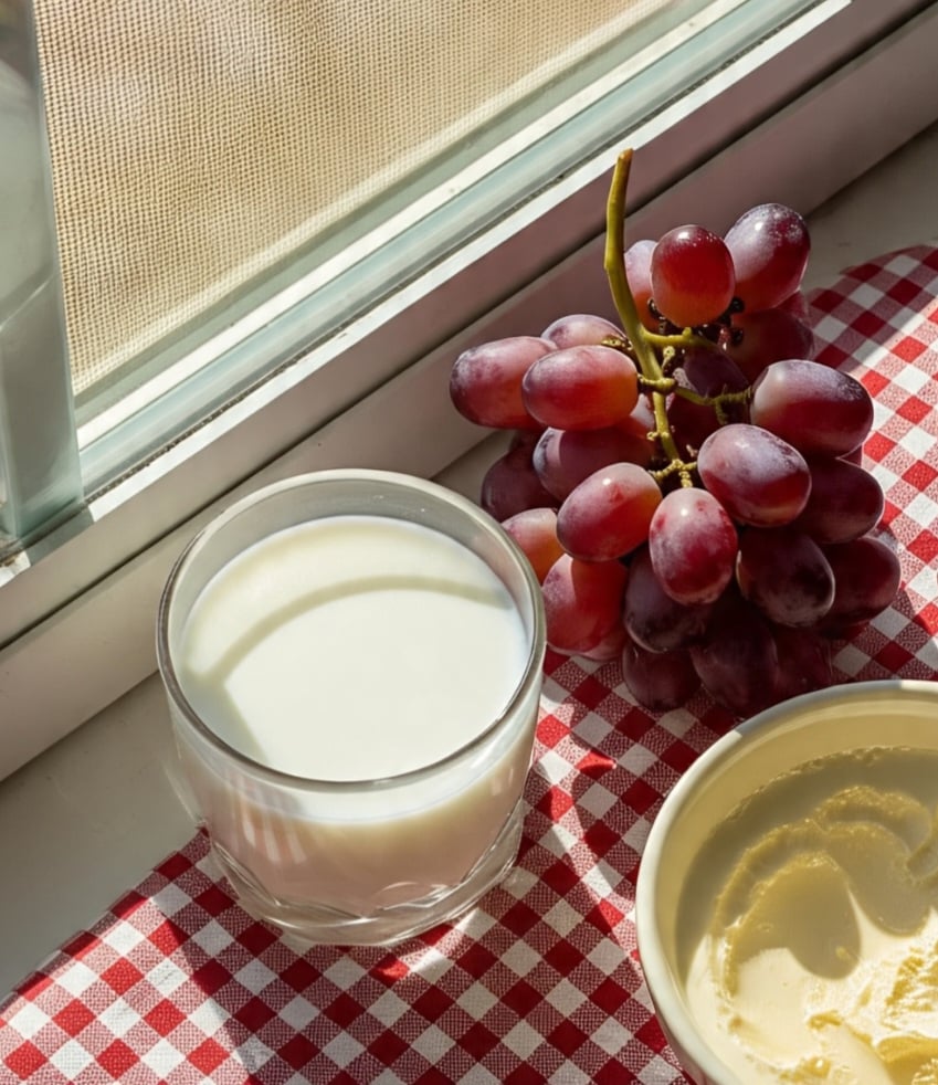 Leite com uva e colágeno em pó: Rica em antioxidantes, essa vitamina ainda favorece a saúde da pele e articulações. O colágeno potencializa os efeitos da uva. Excelente para cuidar de dentro para fora.