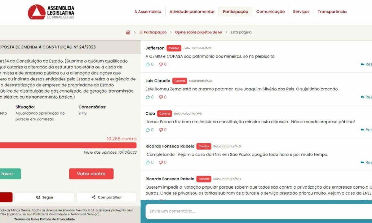 Pessoas citam caso de privatiza&ccedil;&atilde;o da companhia el&eacute;trica de S&atilde;o Paulo para serem contra a iniciativa em Minas Gerais -  (crédito: Reprodu&ccedil;&atilde;o/ALMG)