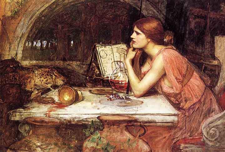 Circe (Mitologia Grega) - Feiticeira poderosa que vive na ilha de Ea. Famosa por suas habilidades de transformar humanos em animais, como na obra "Odisseia" de Homero, onde transforma os homens de Ulisses em porcos. Circe simboliza o poder mágico feminino, combinando feitiçaria e habilidades de manipulação.
