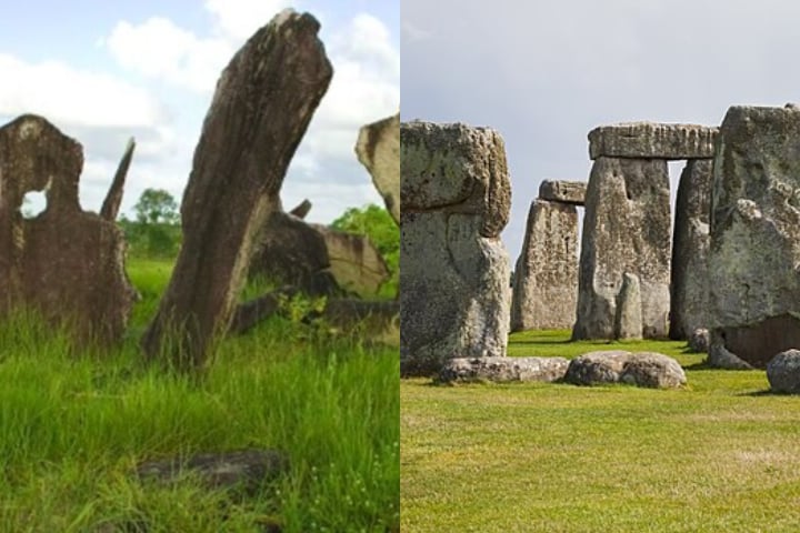 O círculo formado por 127 pedras gigantes, algumas com até 4 metros de altura, lembra o famoso Stonehenge, da Inglaterra.-Montagem/Wikimedia Commons