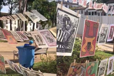 Varal de xilogravuras foi montado na Praça Gomes Freire, no Centro Histórico de Mariana -  (crédito: Reprodução/Bruno Miné)