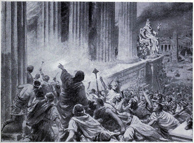 A causa da destruição da antiga biblioteca e seu imenso acervo é alvo de controvérsia entre os historiadores. A tese mais difundida é a de que boa parte dos escritos foram consumidos pelo fogo quando o imperador romano Júlio César tomou e promoveu incêndios na cidade. 
