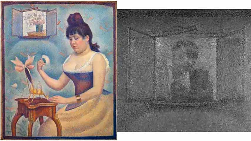 A descoberta mais intrigante foi um autorretrato oculto na janela aberta, posteriormente encoberto por um vaso de flores, que se tornou o único autorretrato conhecido de Seurat.- The Courtauld Gallery