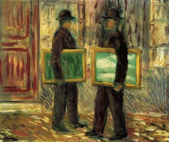 “La cinquième saison”, René Magritte (1943): Na obra, dois homens caminham em direção um ao outro, carregando pequenos quadros. A reflectografia de infravermelho revelou uma imagem oculta sob a superfície:-domínio Público/wikimédia Commons