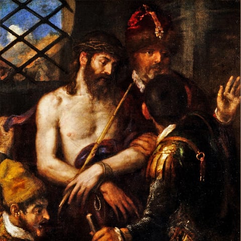 “Ecce Homo”, de Ticiano: Pesquisadores do Instituto Cyprus, em Chipre, utilizaram scanners avançados e técnicas de imagem para identificar um retrato oculto de um homem de bigode, de cabeça para baixo, segurando uma pena.-  Domínio Público/wikimédia Commons