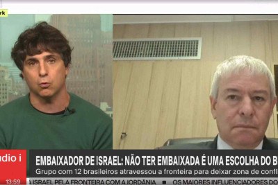Guga Chacra pergunta ao embaixador de Israel no Brasil que o motivo do país ter armas nucleares e qual o direito de bombardear o Irã -  (crédito: Reprodução/GloboNews)