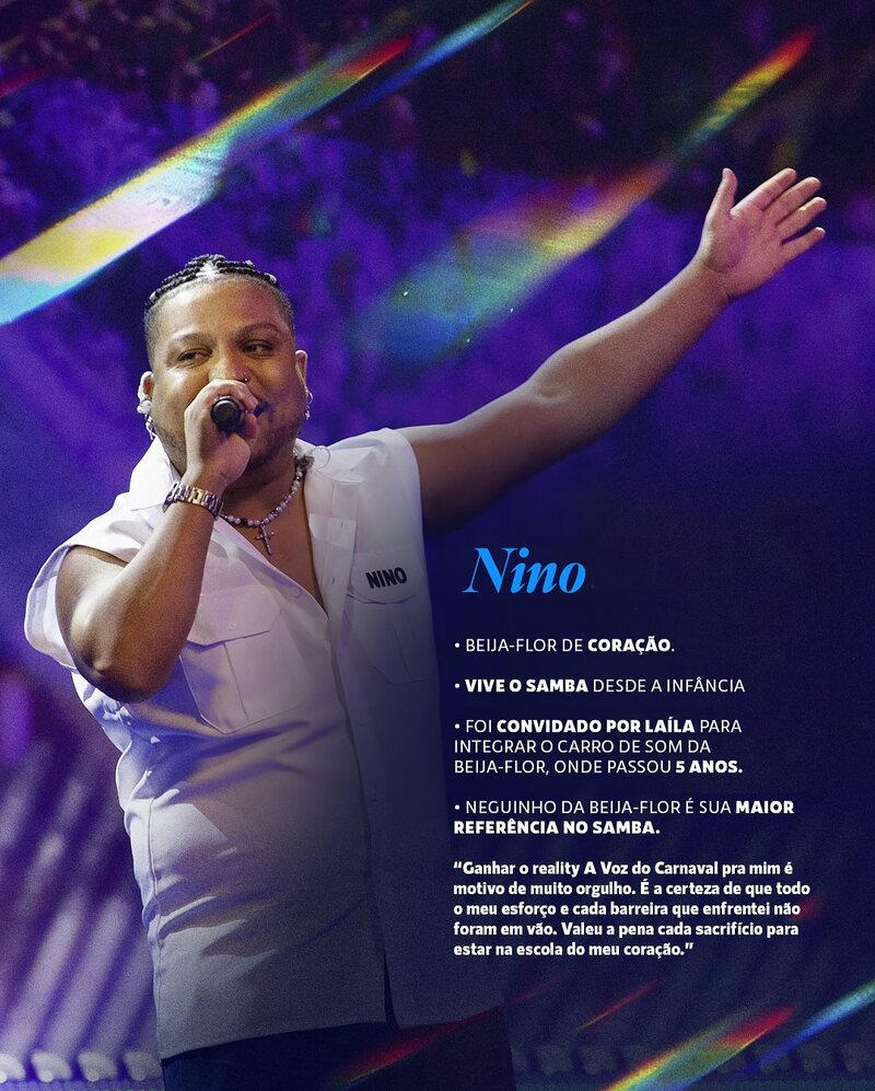 Nino é compositor e intérprete com mais de 20 anos de carreira. Cantou no carro de som da Beija-Flor de 2012 a 2017 e retornou em 2025.