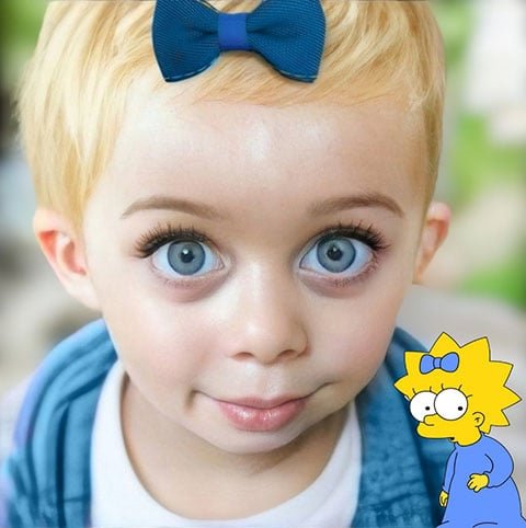 O artista também recriou Maggie Simpson, a bebê e caçula do casal. Olhos esbugalhados herdados da genética da família. A fitinha fala por si só.