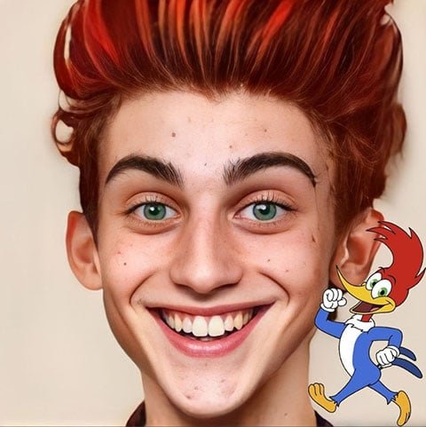 Já o personagem pica-pau, que é inspirado numa espécie de ave verdadeira, teria esse rosto, se fosse humano , na concepção do artista.