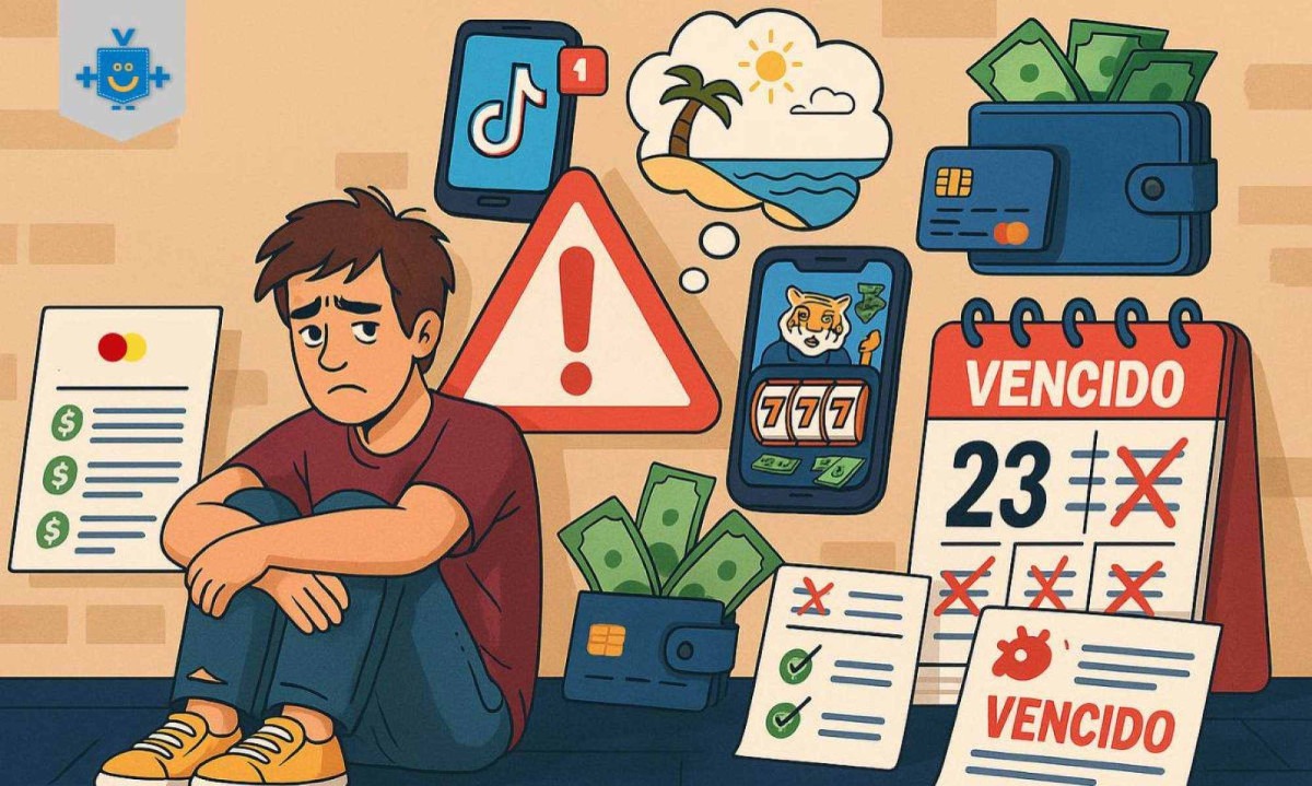 Ilustração colorida em estilo cartoon mostra um jovem preocupado sentado no chão, cercado por símbolos de inadimplência como boletos vencidos, aplicativos de redes sociais, carteira com dinheiro, jogo do tigrinho e avisos de alerta. - (crédito: Reprodução Educando seu Bolso) Ilustração colorida em estilo cartoon mostra um jovem preocupado sentado no chão, cercado por símbolos de inadimplência como boletos vencidos, aplicativos de redes sociais, carteira com dinheiro, jogo do tigrinho e avisos de alerta. - (crédito: Reprodução Educando seu Bolso)