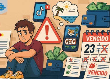 Ilustração colorida em estilo cartoon mostra um jovem preocupado sentado no chão, cercado por símbolos de inadimplência como boletos vencidos, aplicativos de redes sociais, carteira com dinheiro, jogo do tigrinho e avisos de alerta.  -  (crédito: Reprodução Educando seu Bolso)