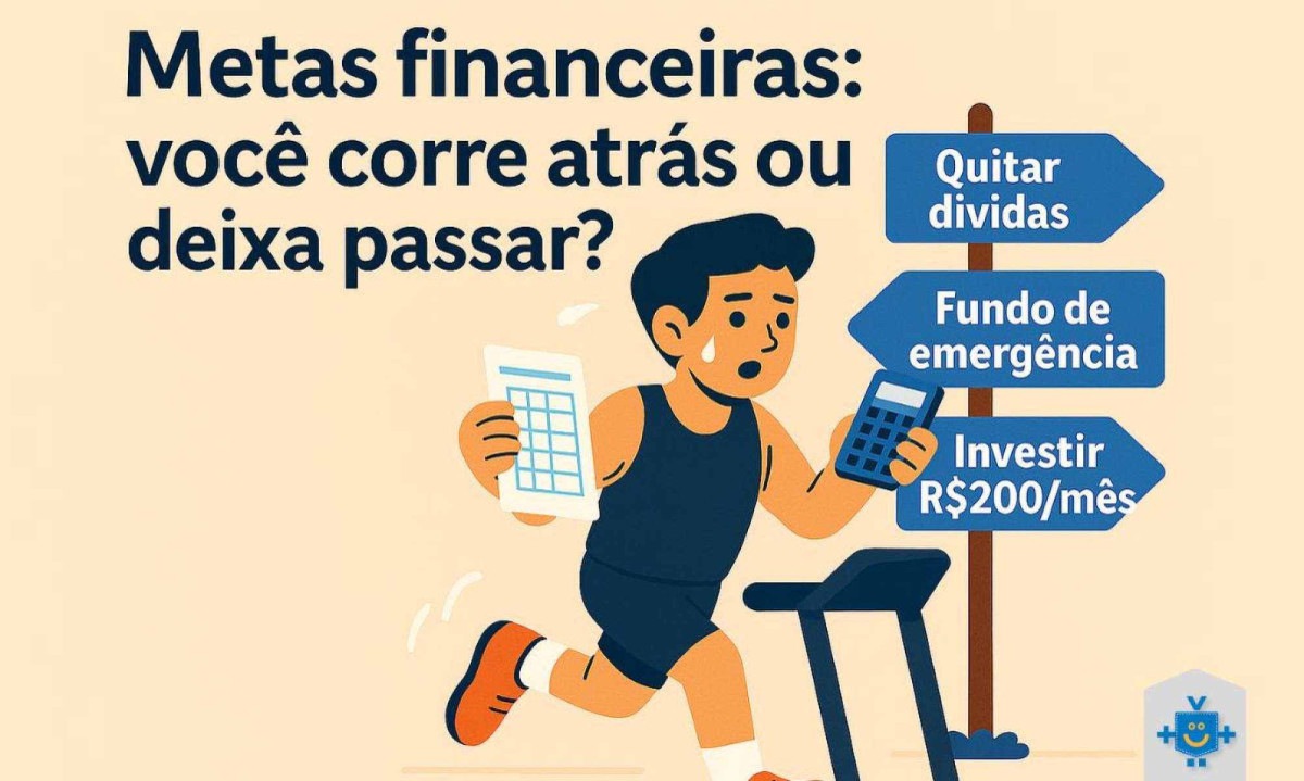 Imagem mostra uma pessoa correndo na esteira com calculadora e planilha, simbolizando a busca por objetivos como quitar dívidas, montar fundo de emergência e investir mensalmente. - (crédito: Reprodução Educando seu Bolso) Imagem mostra uma pessoa correndo na esteira com calculadora e planilha, simbolizando a busca por objetivos como quitar dívidas, montar fundo de emergência e investir mensalmente. - (crédito: Reprodução Educando seu Bolso)