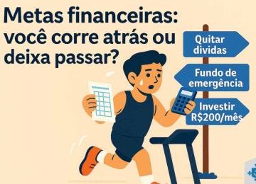 Imagem mostra uma pessoa correndo na esteira com calculadora e planilha, simbolizando a busca por objetivos como quitar dívidas, montar fundo de emergência e investir mensalmente. -  (crédito: Reprodução Educando seu Bolso)