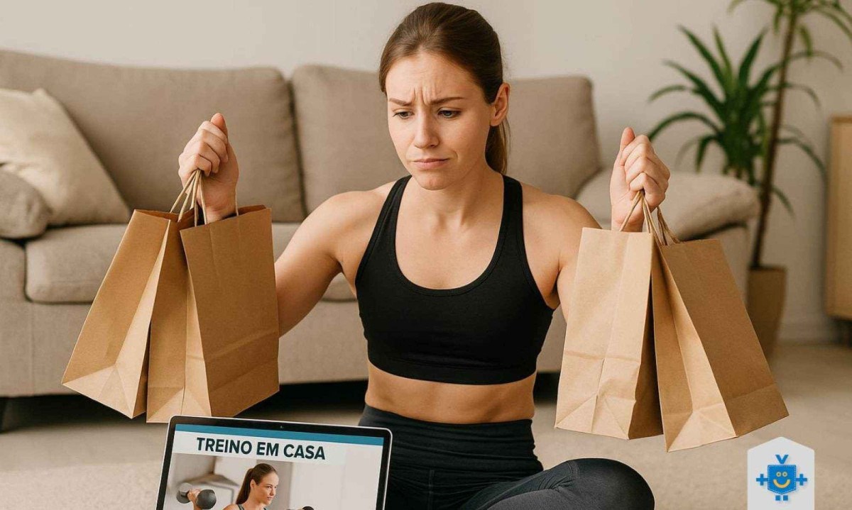 Mulher segurando sacolas de compras, com roupa de academia e na tela do computador passando o treino do Gympass. - (crédito: Reprodução Educando seu Bolso) Mulher segurando sacolas de compras, com roupa de academia e na tela do computador passando o treino do Gympass. - (crédito: Reprodução Educando seu Bolso)