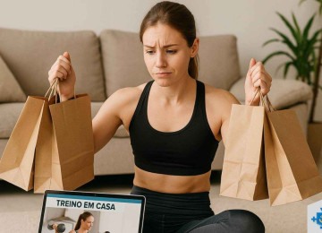 Mulher segurando sacolas de compras, com roupa de academia e na tela do computador passando o treino do Gympass. -  (crédito: ReproduÃ§Ã£o Educando seu Bolso)