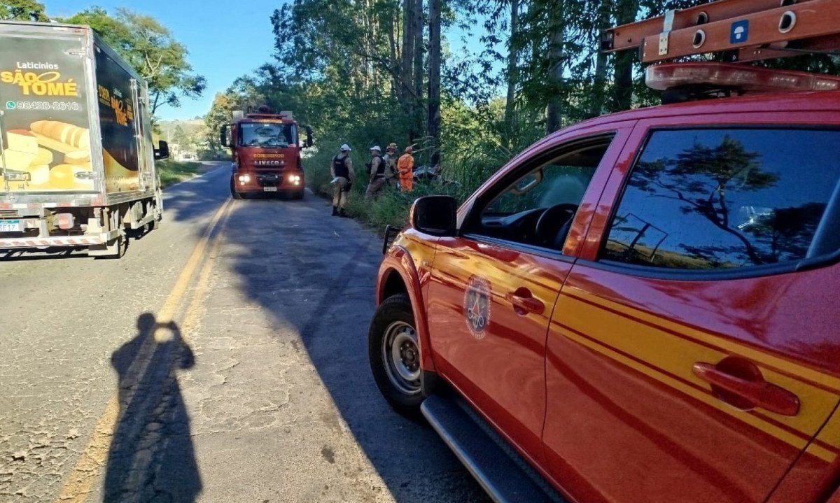O carro capotou e bateu o teto contra uma árvore às margens da avenida -  (crédito: Divulgação/CBMMG)