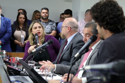 Reunão na CCJ foi marcada pela obstrução da oposição. No fim da mesa, Beatriz Cerqueira (PT) e Professor Cleiton (PV) debatem com João Magalhães (MDB), no centro, e Doorgal Andrada (PRD), em primeiro plano  -  (crédito: Henrique Chendes/ALMG)