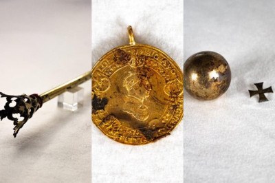 Vários artefatos reais do século 16 foram achados por pesquisadores em um nicho secreto de uma parede da Catedral de Vilnius, que fica na Lituânia. -  (crédito: Montagem - Divulgação/Aist? Karpyt?/Arquidiocese de Vilnius)
