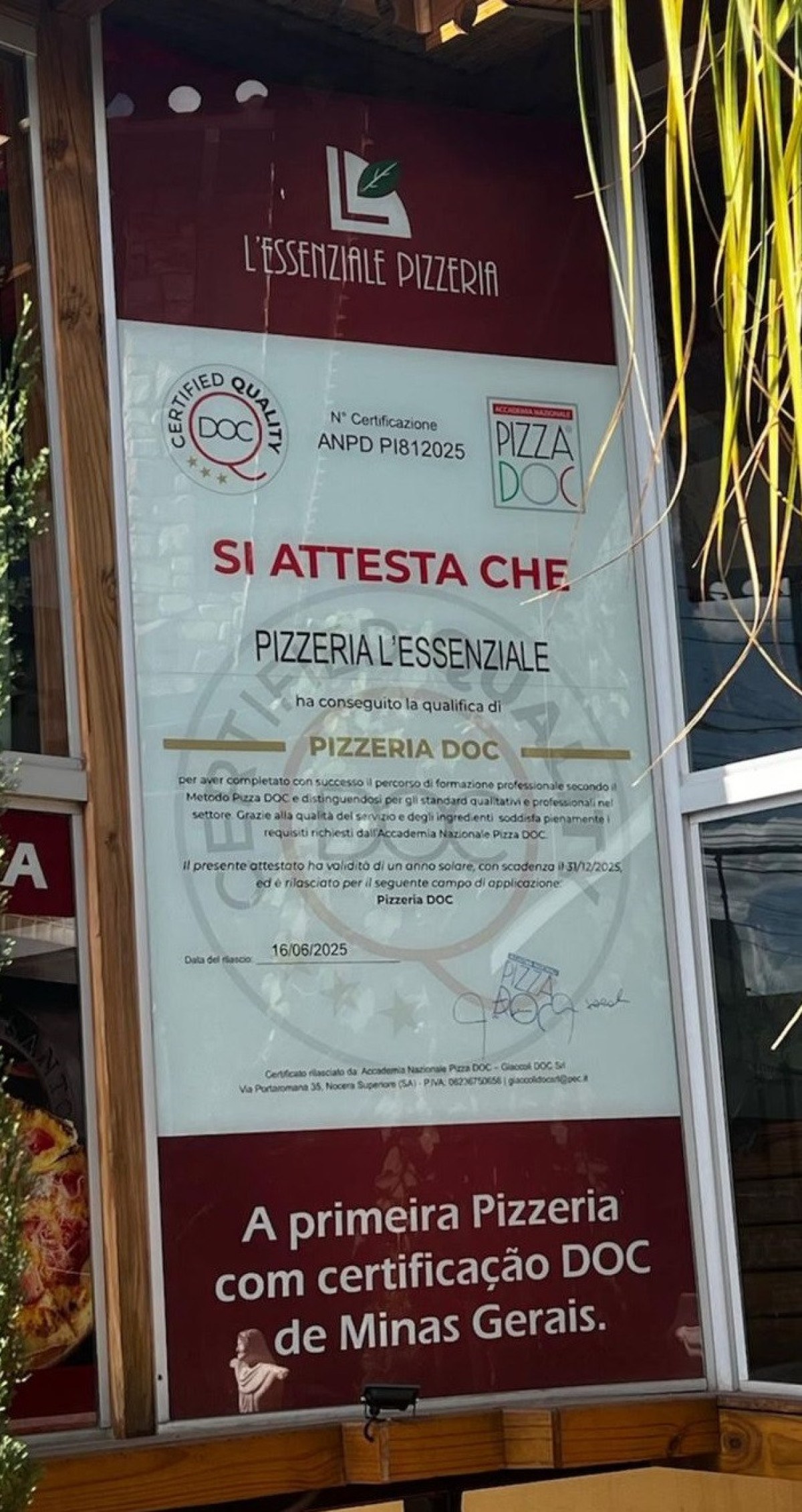 Certificado emitido pela Accademia Nazionale de Pizza Doc