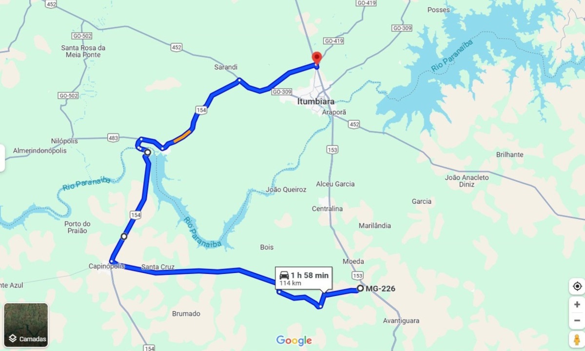 Sugestão de rota alternativa com passagem por Capinópolis (MG)