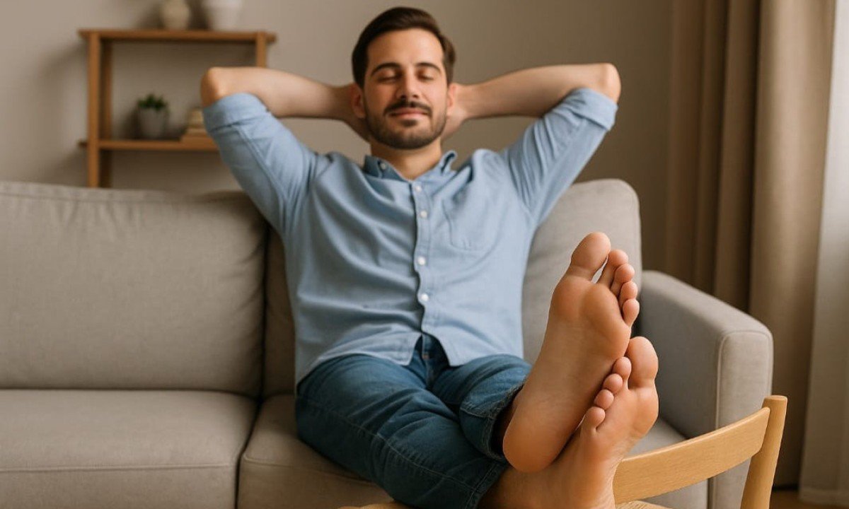 Colocar os pés em cadeiras ou bancos passa despercebido no Brasil. Isso é visto como um ato de relaxamento. -  (crédito: imagem gerada por i.a)