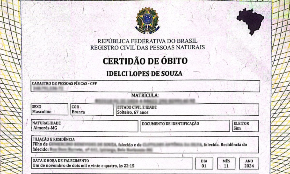 Certidão de óbito de Sissy, registrada com seu nome de nascimento, Idelci Lopes de Souza