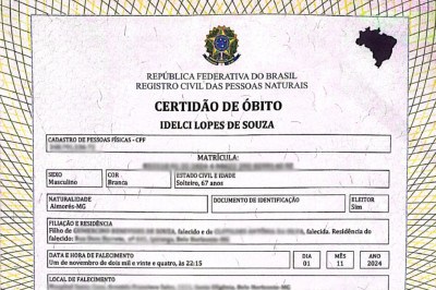 Certidão de óbito de Sissy, registrada com seu nome de nascimento, Idelci Lopes de Souza -  (crédito: Arquivo Pessoal)