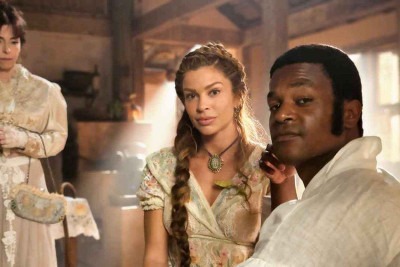 Os atores Débora Evelyn, Grazi Massafera, a nova Dona Beja, e David Jr em cena da novela da HBO que estreia em 2026 -  (crédito: Victor Frad/divulgação)