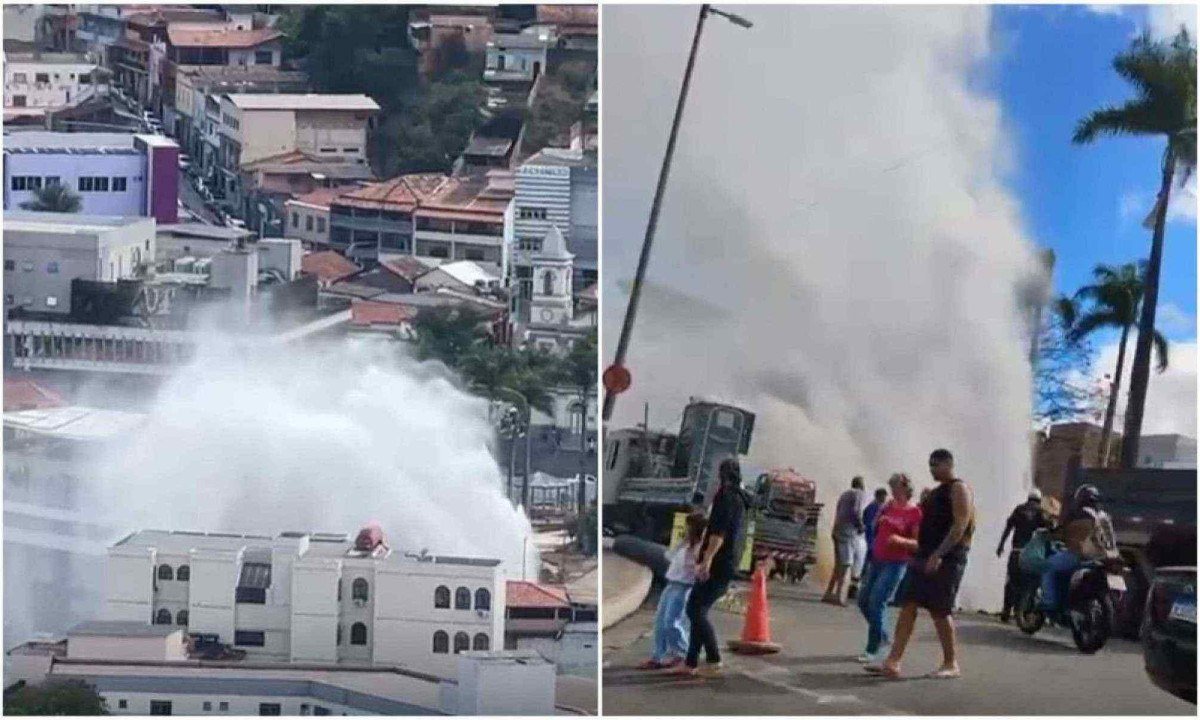 Estrago na tubulação provocou um jato forte que foi possível ver de longe e danificou parte de imóveis do entorno
 -  (crédito: Redes Sociais / Reprodução)