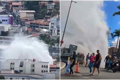 Estrago na tubulação provocou um jato forte que foi possível ver de longe e danificou parte de imóveis do entorno
 -  (crédito: Redes Sociais / Reprodução)