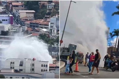 O estrago na tubulação provocou um jato forte, visível de longe, que danificou parte dos imóveis do entorno -  (crédito: Redes Sociais / Reprodução)