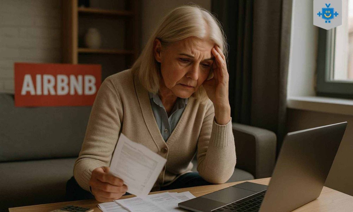 Mulher idosa com expressão preocupada analisa contas em frente ao notebook, sentada em sala com placa do Airbnb ao fundo, imagem ilustra os desafios financeiros de alugar imóvel por temporada. - (crédito: Reprodução Educando seu Bolso) Mulher idosa com expressão preocupada analisa contas em frente ao notebook, sentada em sala com placa do Airbnb ao fundo, imagem ilustra os desafios financeiros de alugar imóvel por temporada. - (crédito: Reprodução Educando seu Bolso)