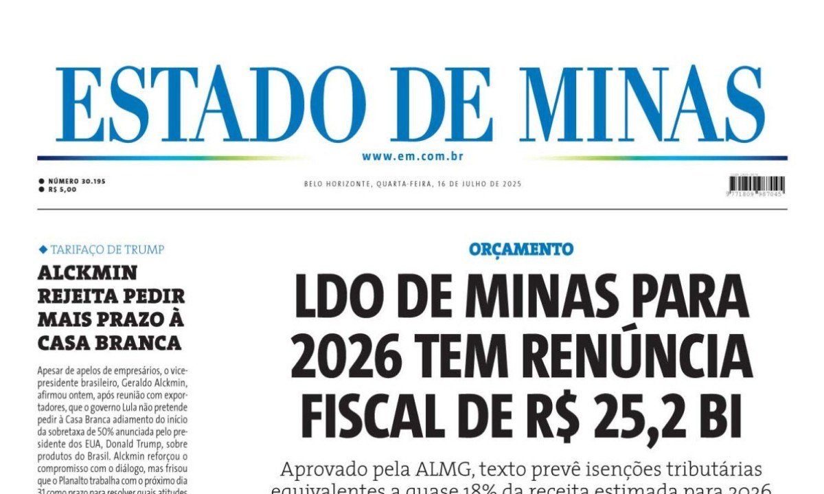 Confira a capa do Estado de Minas do dia 16/07/2025 - (crédito: Estado de Minas)