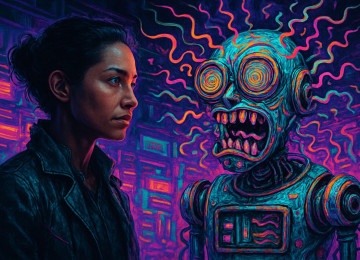 IlustraÃ§Ã£o representa a imaginaÃ§Ã£o humana e a 'alucinaÃ§Ã£o' de robÃŽs -  (crédito: IA)