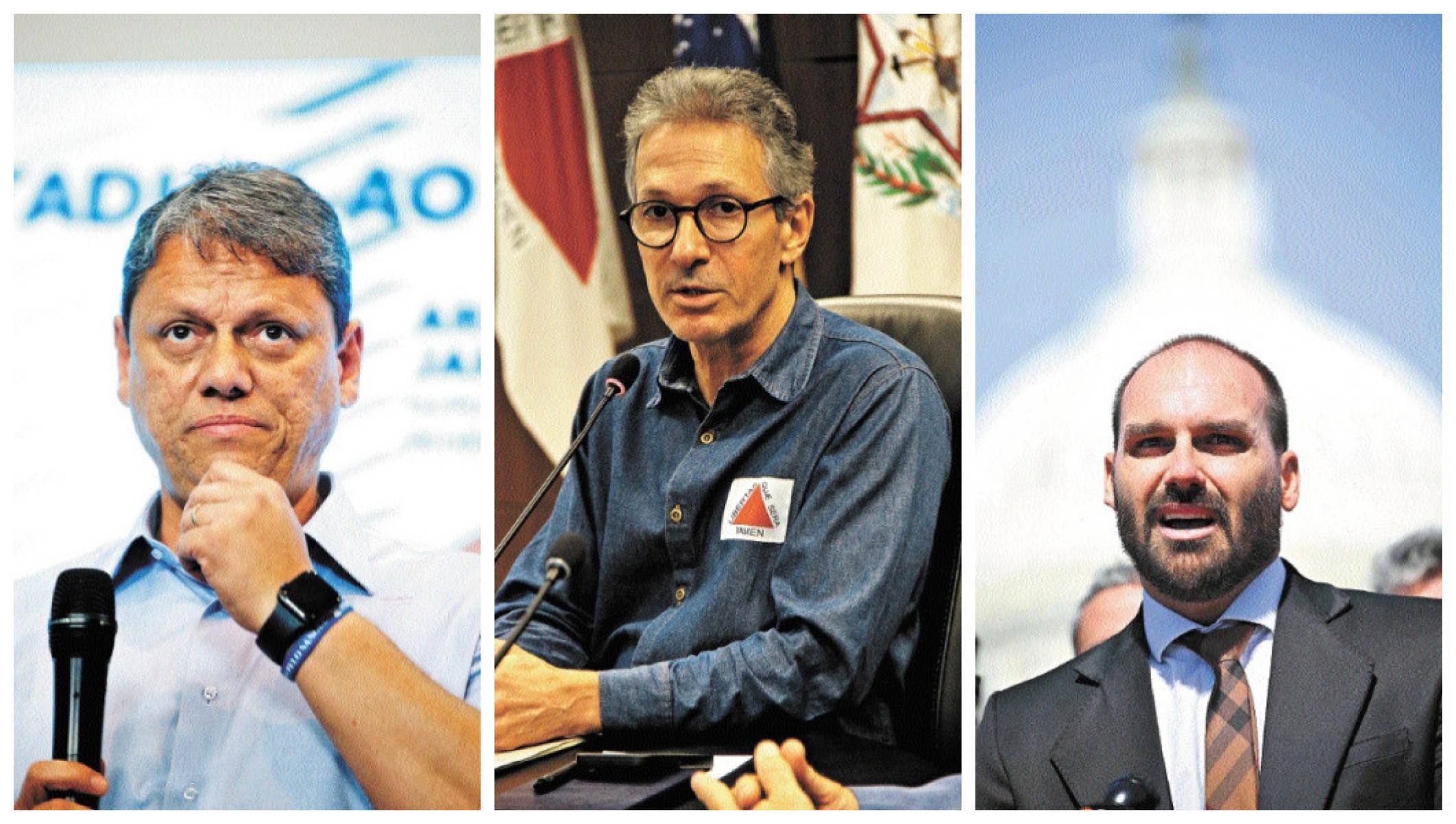 Tarcísio de Freitas, governador de São Paulo; Romeu Zema, governador de Minas Gerais; e Eduardo Bolsonaro, deputado federal - (crédito: Miguel Schincariol-AFP / Jair Amaral-EM-D.A Press / Mandel NGAN-AFP) Tarcísio de Freitas, governador de São Paulo; Romeu Zema, governador de Minas Gerais; e Eduardo Bolsonaro, deputado federal - (crédito: Miguel Schincariol-AFP / Jair Amaral-EM-D.A Press / Mandel NGAN-AFP)
