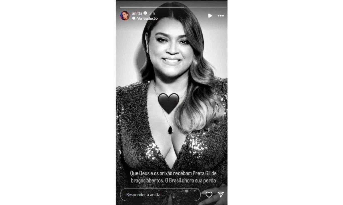 Anitta lamentou morte de Preta Gil nos stories