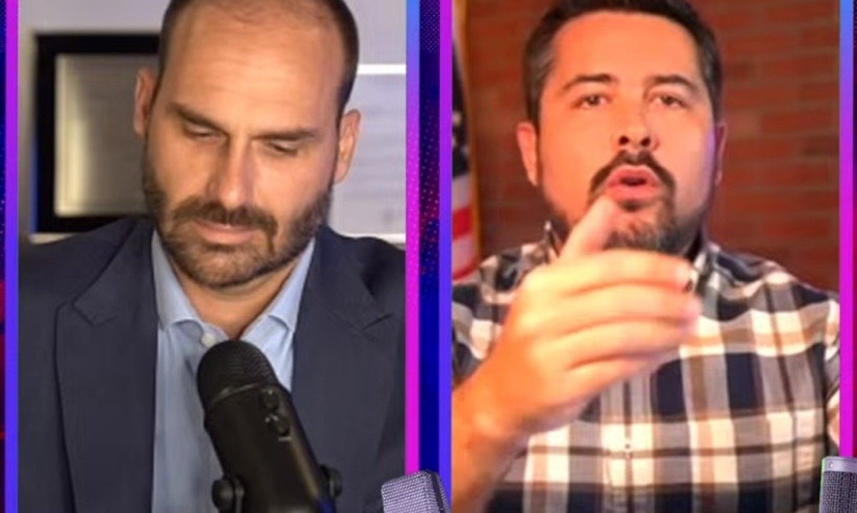 Deputado federal Eduardo Bolsonaro e o influencer Paulo Figueiredo refor&ccedil;am que apoiaram as taxas aplicadas por Donald Trump aos produtos brasileiros -  (crédito: Reprodu&ccedil;&atilde;o/Youtube)