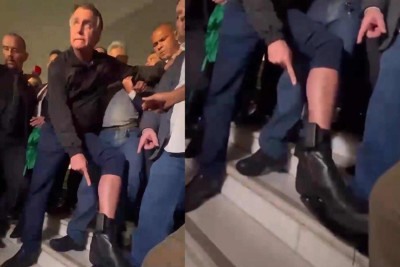 Bolsonaro mostra tornozeleira pela primeira vez ao sair da Câmara dos Deputados -  (crédito: Montagem/Reprodução de vídeo)