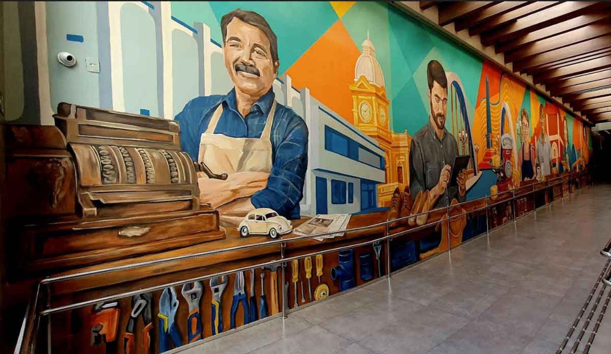 Painel "O grande balcão belo-horizontino", de Carol Smocowisk, está na Galeria Rampa, no Ponto Cultural CDL
